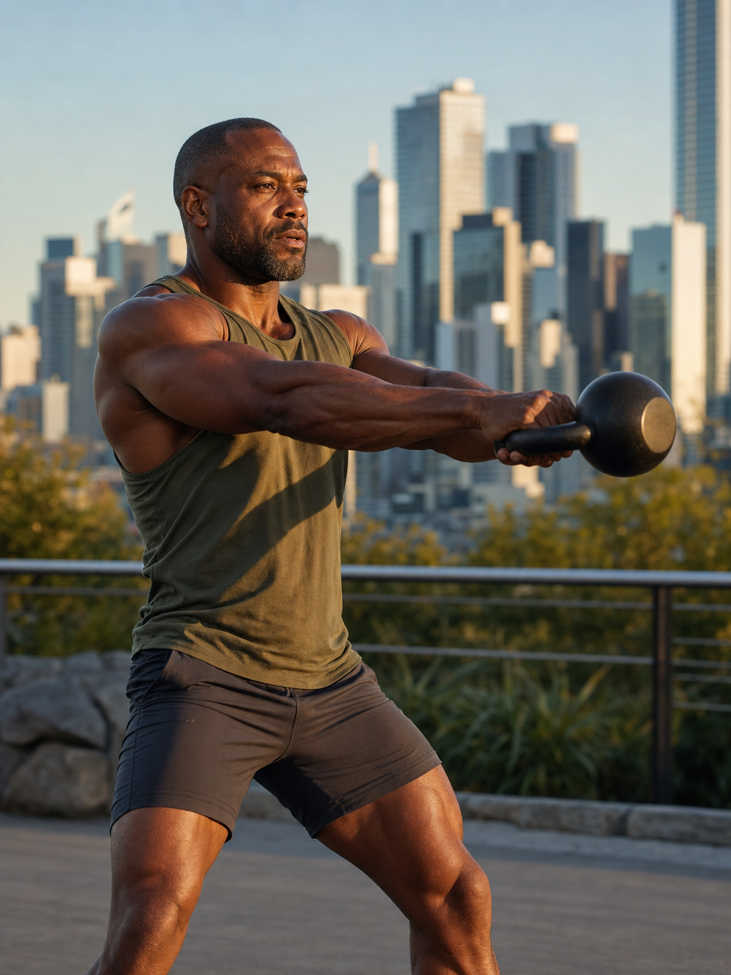Athletic Black man doing kettlebell training with city skyline